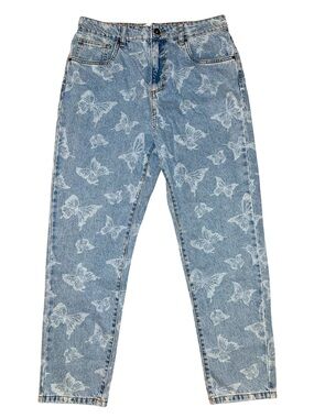 CottonOn Butterfly Print Jean High Rise Mom 8 Light Blue Faded Denim Cottage Y2K